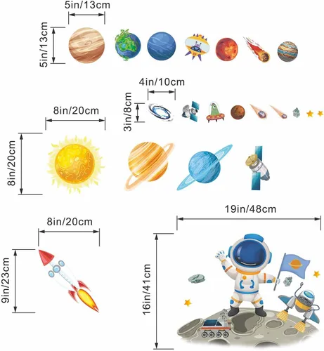 Vista 3 de Calcomanías de Pared de Astronauta del Espacio Exterior - Calcomanías de Pared de Cohete de Planetas para Niños - Decoración de Pared