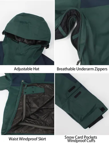 Vista 19 de GSOU SNOW Chaqueta de esquí para hombre, abrigo de nieve para snowboard, cálido, invierno, impermeable, con capucha