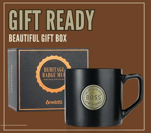 Vista 5 de Onebttl Boss Gifts - Taza de café de cerámica con insignia dorada, 15 onzas, Día del jefe, Navidad, jubilación, leyenda del mito del hombre