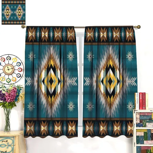 Vista 232 de Cortinas con patrón geométrico tribal, estilo suroeste, azteca, rústico, occidental, nativo americano, opacas, con bolsillo para barra, decoración