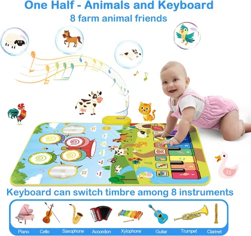 Vista 2 de FOKI Alfombrillas de piano, 3 en 1, tapete de juego musical de animales con piano y tambor para juguetes Montessori sensoriales de aprendizaje
