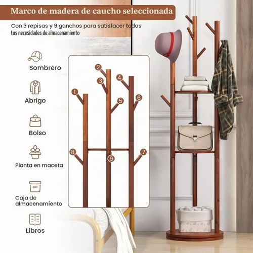 Vista 3 de Generic Perchero de madera independiente con 3 estantes y 9 ganchos, soporte resistente y fácil de montar para entrada, pasillo, dormitorio
