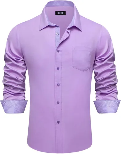 Vista 33 de Hi-Tie Camisa de manga larga jacquard con contraste interior sin arrugas para hombre