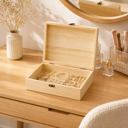 Vista 4 de JJSQ - Caja de almacenamiento de madera pequeña con tapa con bisagras, rectangular, sin terminar, sin pintar, caja de almacenamiento de madera