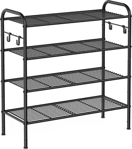 Vista 13 de SONGMICS Zapatero de 2 niveles, organizador de zapatos de metal con 4 ganchos laterales, capacidad para 10 pares de zapatos, zapatero de altura