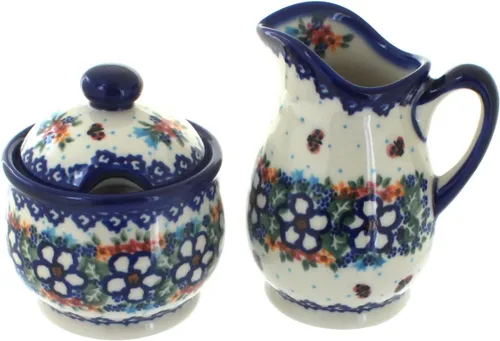 Vista 10 de Set de crema y azúcar de flor de manzana y cerámica polaca de rosa azul