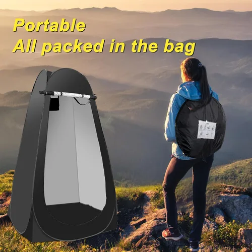 Vista 5 de Tienda de campaña portátil de privacidad, kit de tienda de ducha al aire libre con bolsa de ducha de 5 galones (boquilla mejorada)