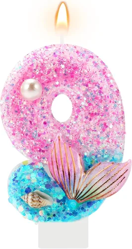 Vista 19 de Velas de cumpleaños, velas rosas y moradas del número 0 decoradas con caracolas, estrellas de mar y perlas para fiesta temática de sirena Morado
