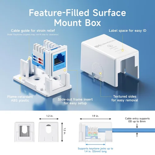 Vista 2 de Cable Matters Caja de montaje en superficie con conector Keystone de 1 puerto con certificación UL, color blanco Keystone Jack Surface Mount Box