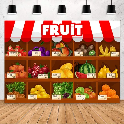 Vista 9 de Fondo de supermercado de frutas Exposición de frutas de verano Temporada de cosecha Uvas de fresas Fondo de cabina de fotos Fondo de decoración