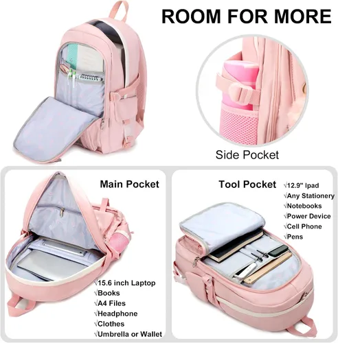 Vista 2 de Mochilas para niñas, mochila para laptop de 15.6 pulgadas, mochila escolar linda universidad, grandes bolsas de viaje para adolescentes, mujeres