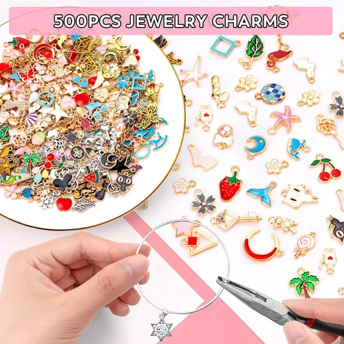 Vista 2 de 500 PCS Dijes para Fabricación de Joyas, Surtidos de Oro, Plata y Esmalte Dijes Lindos para Pulseras DIY, Collares, Aretes, Llaveros y Proyectos