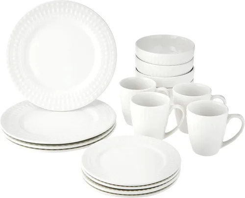 Vista 3 de Elle Décor Maeve - Juego de vajilla redonda de porcelana de 16 piezas con 4 platos llanos, 4 platos de ensalada, 4 cuencos y 4 tazas, idea de regalo