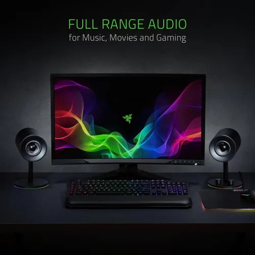 Vista 2 de Razer Nommo Chroma - Altavoces de computadora, puertos de graves traseros para juegos de rango completo e inmersión de sonido, controladores