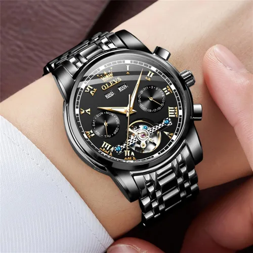 Vista 3 de OLEVS Reloj automático para hombre, cuerda automática, mecánica, de lujo, de acero inoxidable, multicalendario, impermeable, luminoso, reloj