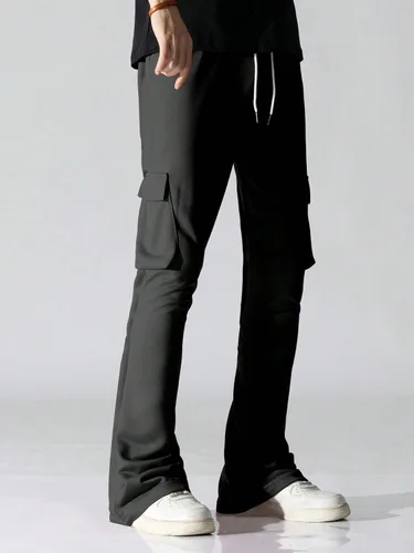 Vista 3 de GORGLITTER Pantalones cargo para hombre con cordón en la cintura, pantalones deportivos apilados Y2K con bolsillos con solapa y pierna ancha