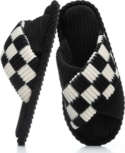Vista 14 de GOEWY - Pantuflas para mujer con espuma viscoelástica para el hogar, con entretejido de pana, tiras cruzadas, con punta abierta, sandalias cómodas