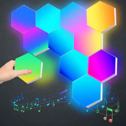 Vista 10 de Paneles de luz hexagonales de expansión, 4 paneles LED, luces LED hexagonales de pared, efectos de color de sueño, luces inteligentes