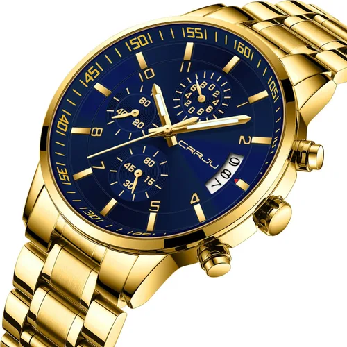 Vista 2 de CRRJU - Reloj de pulsera de acero inoxidable para hombre resistente al agua cronógrafo correa de acero inoxidable