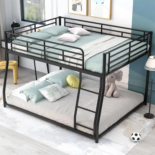 Vista 10 de PURLOVE Litera de metal individual XL sobre Queen para niños, litera baja con escalera, no necesita somier, color negro plateado