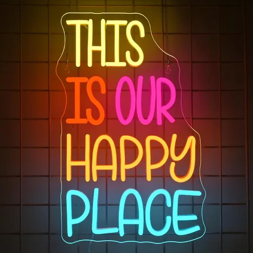 Vista 2 de NOSUN Letrero de neón con texto en inglés «This is Our Happy Place» para decoración de pared, letras coloridas y alegres, luces LED de neón con USB