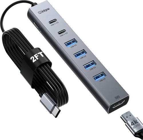 Vista 11 de Concentrador USB C, intpw 6 en 1, adaptador multipuerto USB C con HDMI 4K @60Hz, Gigabit Ethernet, 100W PD, transferencia de datos USB 3.0 de 5