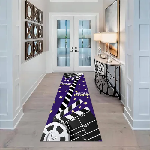 Vista 2 de Alfombra retro de cine en casa, 1.3 x 7 pies, patrón clásico de tablilla negra y carrete de película, alfombra decorativa antideslizante para sala