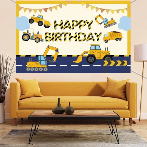 Vista 5 de Decoración de feliz cumpleaños con temática de construcción, excavadora, camión, camión volquete, grúa, telón de fondo de fotografía para niños