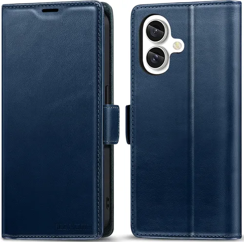 Vista 13 de KEZiHOME Funda de piel auténtica compatible con iPhone 16, con bloqueo RFID, con soporte para tarjetas, función atril magnético, funda protectora