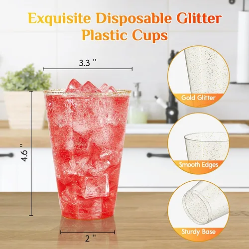 Vista 2 de Vplus 100 unidades de 14 onzas de vasos de plástico grandes con purpurina dorada resistentes, vasos de plástico desechables elegantes, vasos