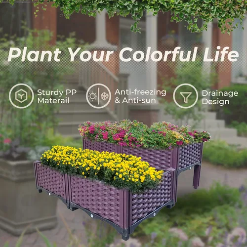 Vista 2 de Cama de jardín elevada de plástico de 4 piezas, cajas de cultivo, kit de caja de cuidado para plantas de interior y exterior, cajas de jardín