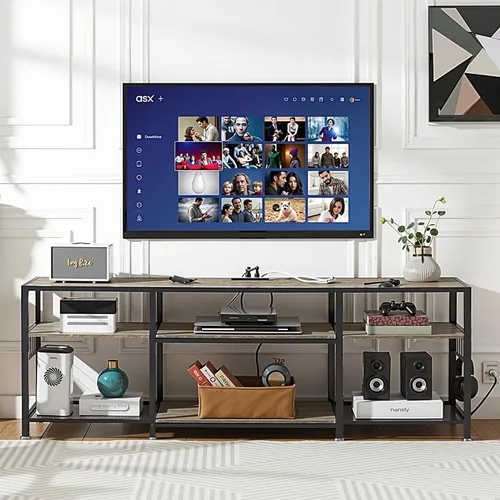 Vista 3 de VECELO Soporte de TV de 63 pulgadas con tomas de corriente para televisión de 55/60/65/70 pulgadas, centro de entretenimiento con estantes de Gris