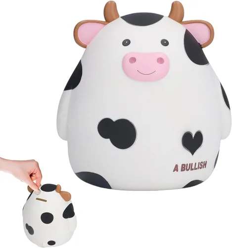 Vista 2 de H&W Alcancía de vaca, tamaño L, caja de monedas irrompible para niños, lindo banco de dinero de animales para cumpleaños para niños y niñas, cajas
