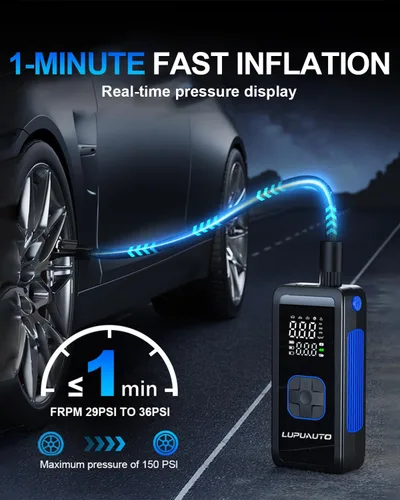 Vista 4 de Inflador de neumáticos, compresor de aire portátil, bomba de aire de 150 PSI, neumáticos portátiles con medidor de presión, inflador de neumáticos