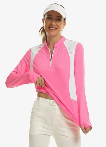 Vista 2 de MoFiz Polo de tenis de golf con cremallera para mujer, manga larga, sin cuello, atlético, de secado rápido, para senderismo, ajuste delgado