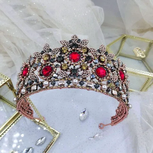 Vista 4 de hair jewelry crown tiaras for women Wedding Tiaras and Crowns Red Rhinestone Bridal Hair Jewelry Retro Crystal Women Headpiece Baroque Headdband