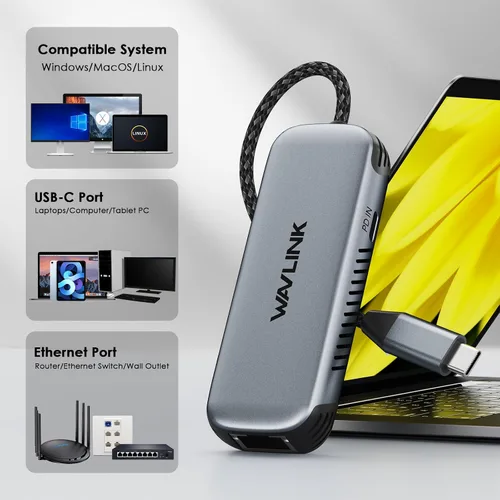 Vista 4 de WAVLINK Adaptador USB C a Ethernet de 5Gbps, convertidor de red USB-C a RJ45 de 5000Mbps con puerto de carga de 95W, carcasa de aluminio