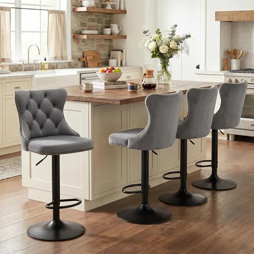 Vista 19 de SoarFlash Juego de 2 taburetes de bar tapizados de terciopelo moderno con patas de madera, botones acolchados, cabeza de clavo cromada, asiento
