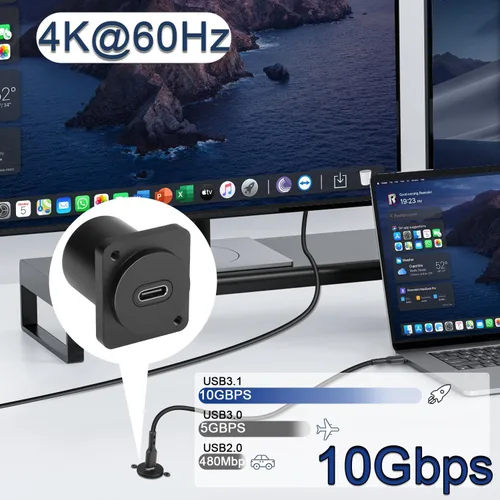 Vista 4 de QIANRENON Adaptador de montaje en panel USB-C a USB-C de 10 Gbps, conector recto tipo C 3.1 hembra a hembra, carga de 100 W, carcasa de aleación