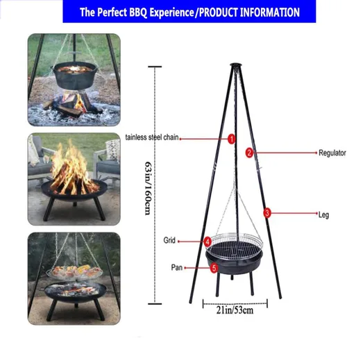 Vista 2 de Parrilla portátil para fogatas, trípode colgante de altura ajustable para exteriores, equipo de cocina de fogata, parrilla de fuego resistente