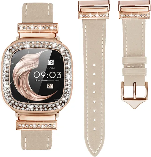 Vista 10 de Correa de cuero compatible con Fitbit Sense 2/Versa 4 para mujeres, elegante correa de cuero con hebilla metálica en forma de D con strass con funda