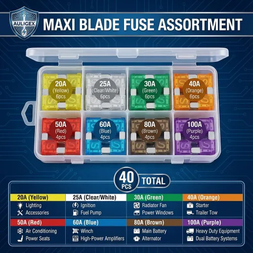 Vista 2 de Juego surtido de fusibles de hoja maxi de 40 piezas, fusibles grandes APX automotrices de 20 A a 100 A, fusibles de repuesto resistentes para SUV