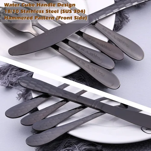 Vista 2 de Juego de cubiertos negros de 40 piezas para 8, cubiertos de acero inoxidable 18/10 para 8, elegante diseño de panal de abeja, incluye cuchillo