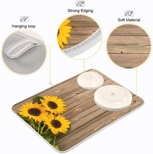 Vista 4 de Tapete de secado de platos, girasoles en madera, tapete de secado reversible absorbente de flores, tapete de secado de platos, tapete para secar