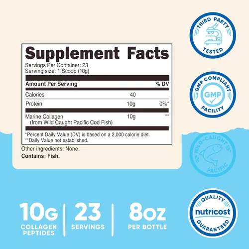 Vista 2 de Nutricost Colágeno marino en polvo pescado capturado silvestre (8 onzas) – 23 porciones, 0.35 onzas de proteína por porción, capturado