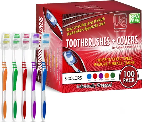 Vista 9 de Urban Essentials Paquete de cepillos de dientes a granel con fundas Cepillos de dientes coloridos envueltos individualmente de alta calidad Tapa