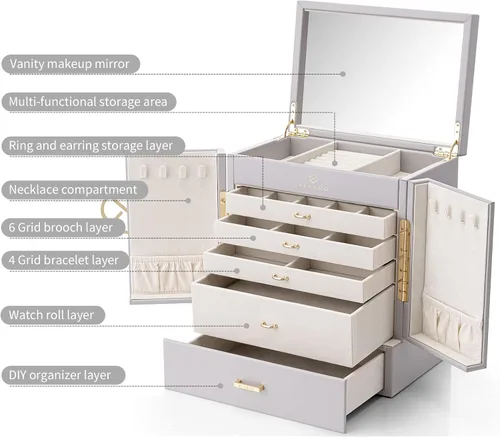 Vista 5 de Vlando Joyero organizador 2023 para mujer, caja de joyería grande con 5 dibujados, cajas de joyería de piel sintética, aretes, collar, anillos, gris