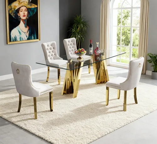 Vista 2 de Juego de mesa de comedor de cristal dorado de 5 piezas, 70 pulgadas, rectangular, moderna, para cocina y comedor, juego para 4, mesa de comedor