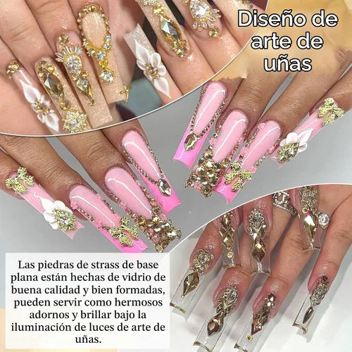 Vista 5 de 3520 diamantes de imitación de uñas color dorado champán para uñas, multiformas con parte trasera plana, diamantes de imitación redondos