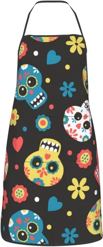 Vista 8 de Delantal de calavera de azúcar, delantales de cocina para hombres y mujeres, delantal de cocina, delantal de chef, delantales de jardín ajustables